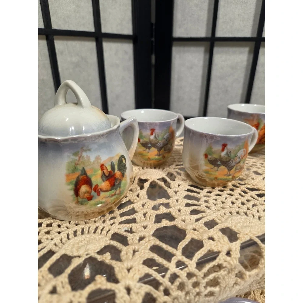 Vintage Germany 282 Lusterware Rooster Tea Set Miniature Sugar Bowl Cups Plates